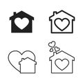 House icons with heart silhouettes and lines, symbol of love at home, vector illustration on a white background